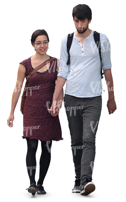 dark-haired couple walking hand in hand