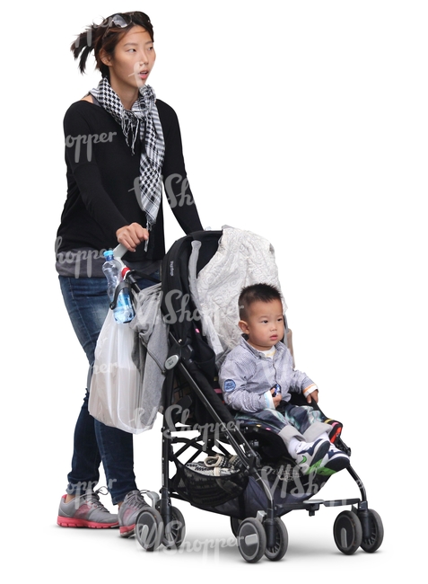 asian woman pushing a stroller