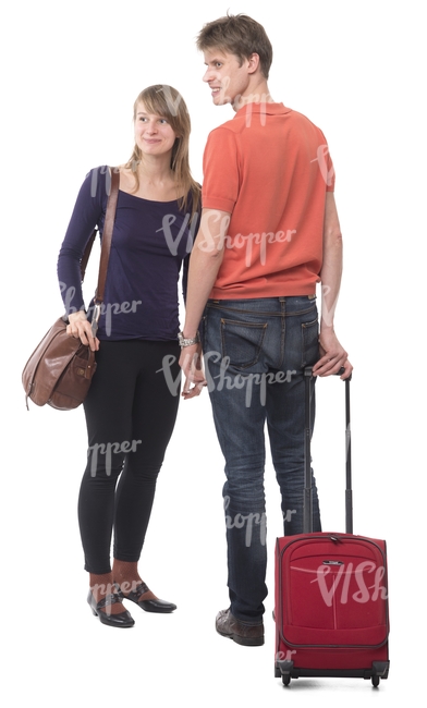 travelling couple standing with a suitcase