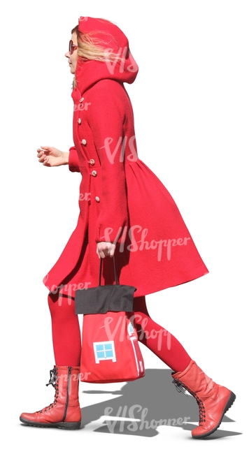 woman in a red costume walking