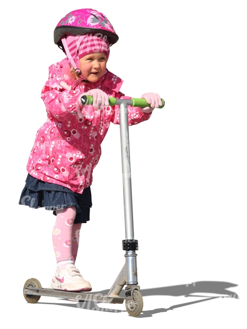 girl with a pink helmet riding a scooter