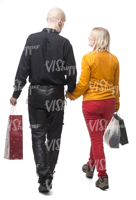 couple with shopping bags walking hand in hand