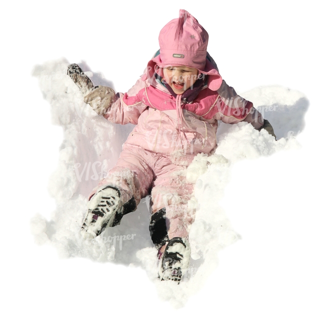 young girl in a pink costume having fun in the snow
