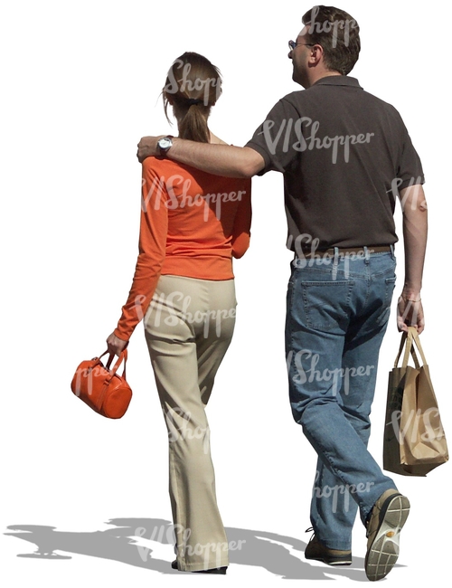 man and woman walking with mans arm over womans shoulders