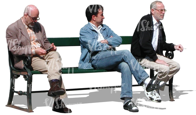 three men sitting on a bench