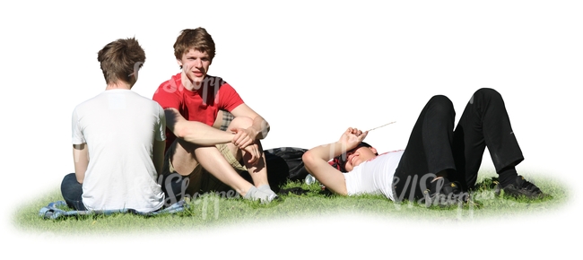 three young men having a picnic on the grass
