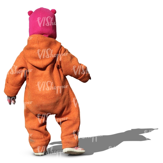 child in an orange onsie walking