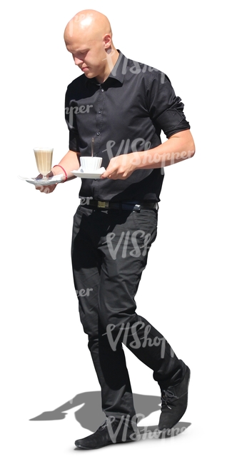 bald male waiter with coffee cups
