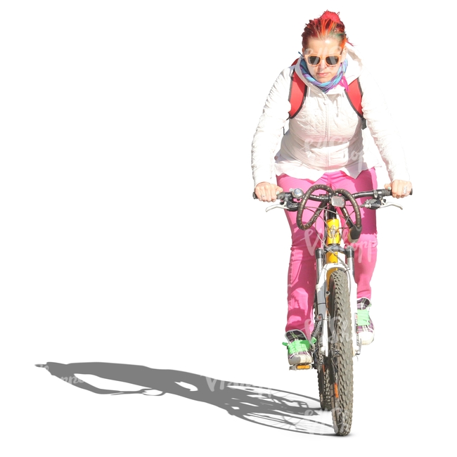 girl with pinkish hair riding a bicycle
