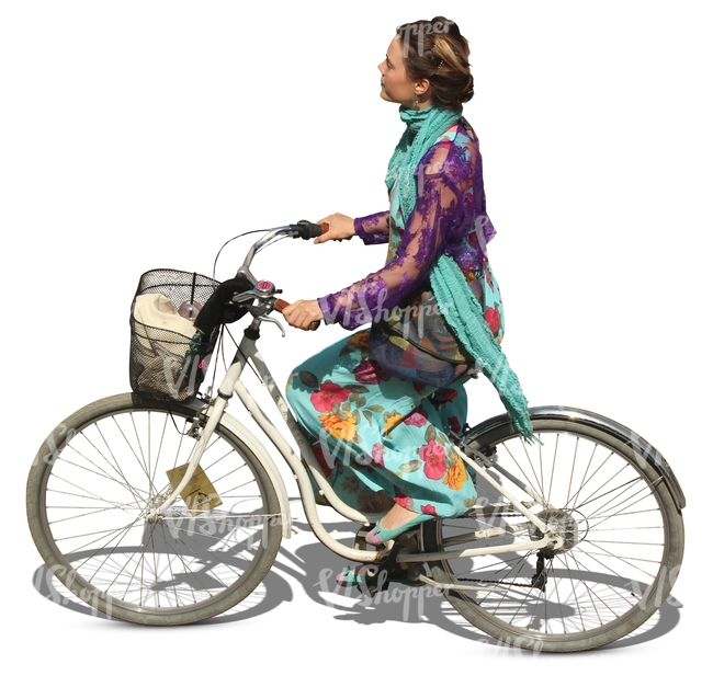 woman in a colorful dress riding a citybike