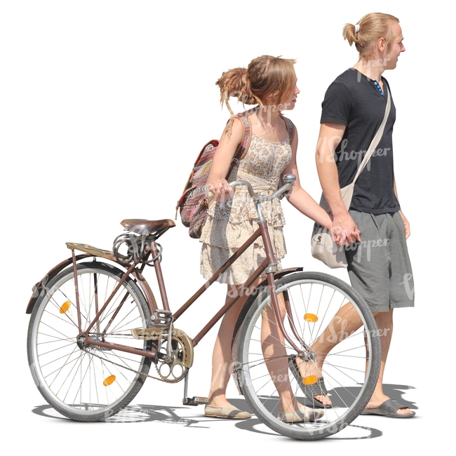 couple with a bicycle and holding hands