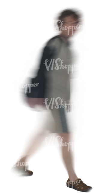 motion blur image of a man with a bag walking