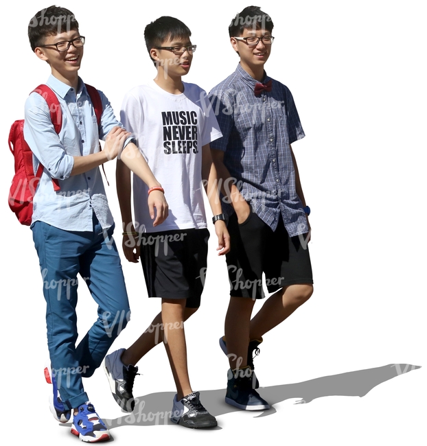 three asian boys smiling and walking
