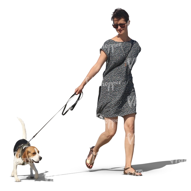 woman in grey dress walking a dog