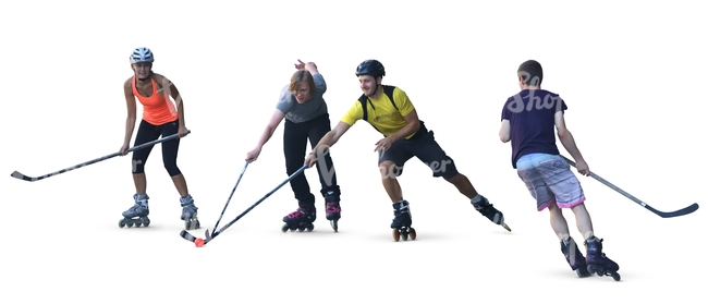 four people playing a roller hockey