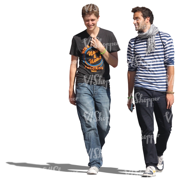 two men walking and laughing