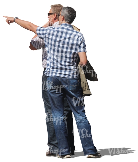 two men standing and pointing at something