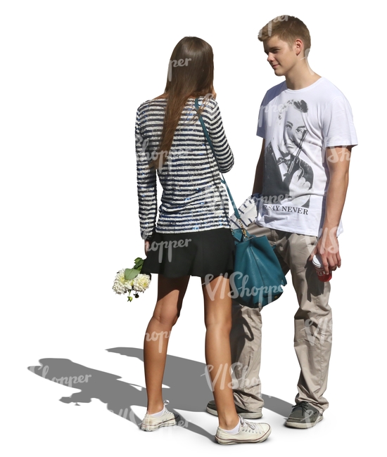 couple with flowers standing and talking