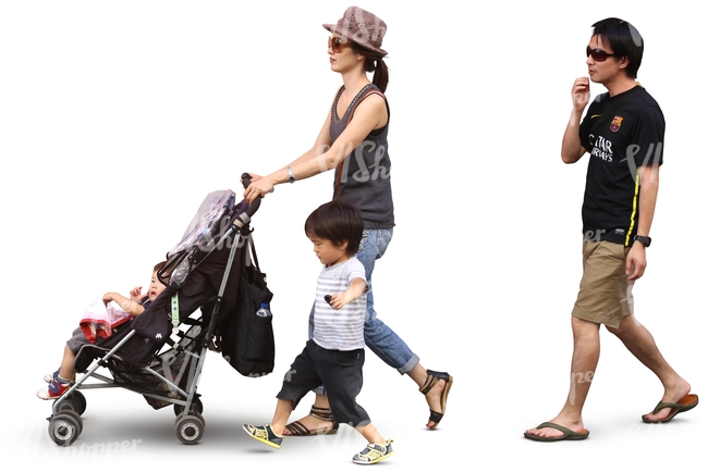 asian family with two children walking 