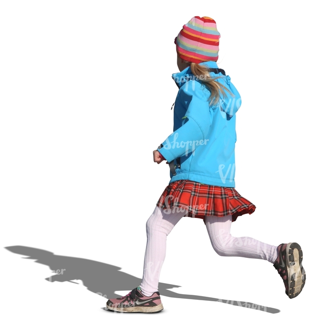 young girl in a blue coat running around
