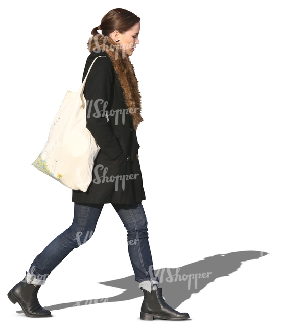 walking woman in a black fur collar coat