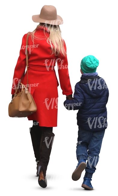 mother in a red coat walking hand in hand with her son