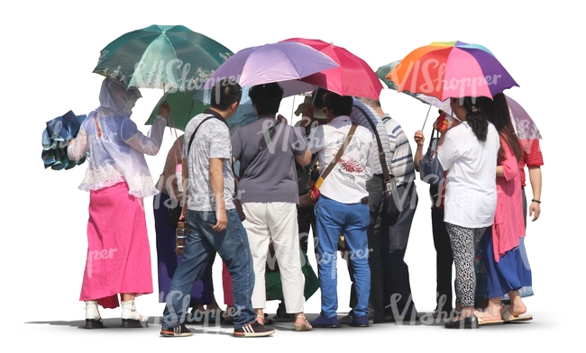 group of asian people with parasols standing together