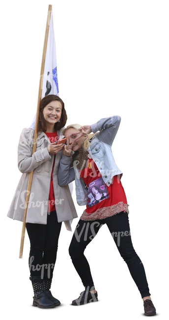 two women with a flag standing and fooling around