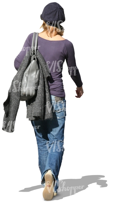 woman with a dark purple hat walking
