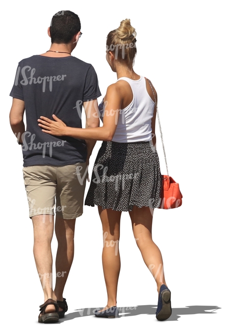 man and woman walking with womans arm around him