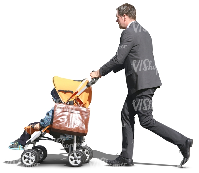 man in a suit pushing a baby carriage