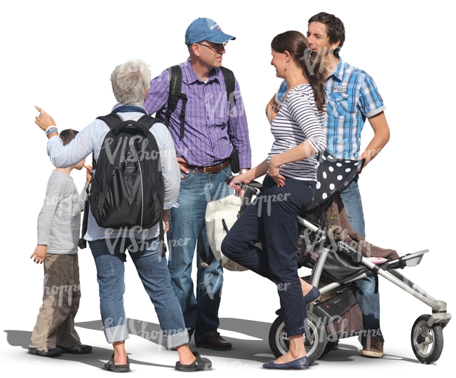 group of five people standing and talking