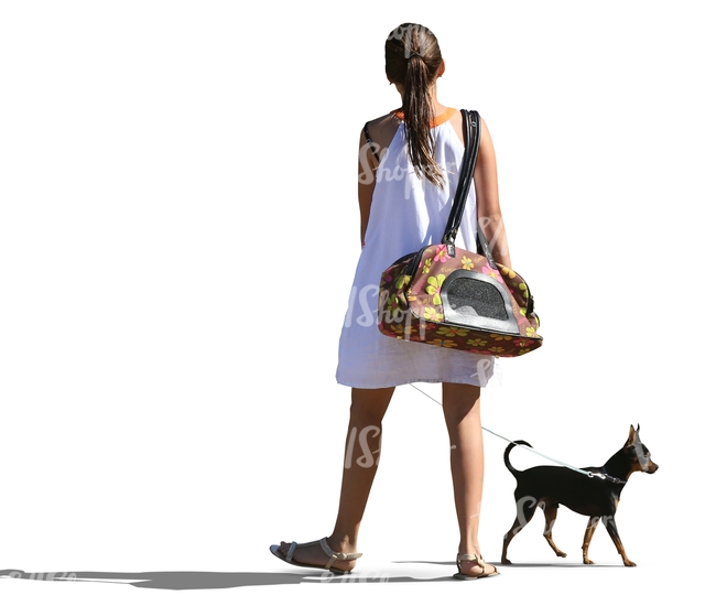 woman in a white dress walking a dog