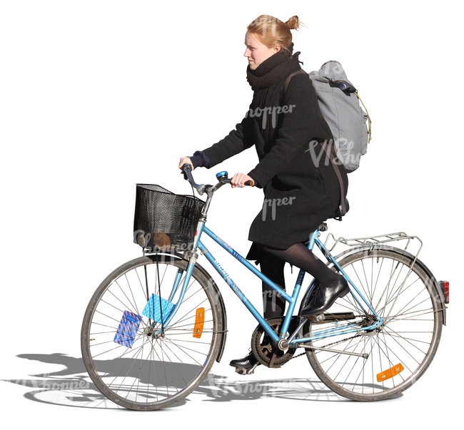 woman with a backpack riding a blue bike