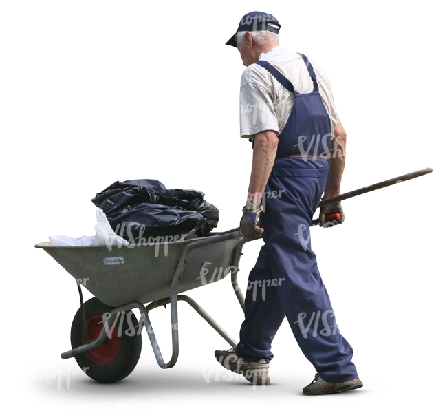 elderly man pushing a wheelbarrow