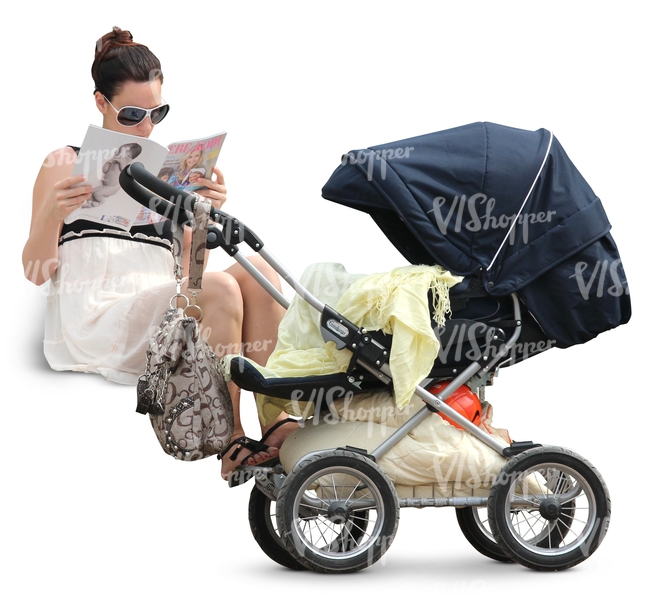 woman sitting next to a baby stroller