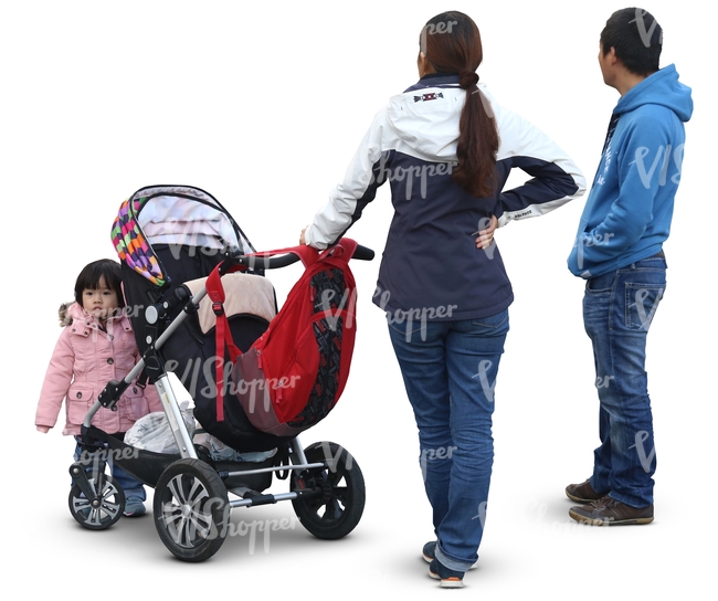 asian family with a baby stroller