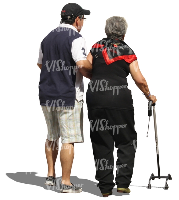 man helping a woman with a walking stick