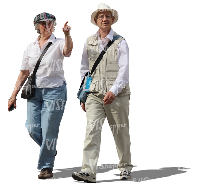 elderly man and woman walking and pointing at smth