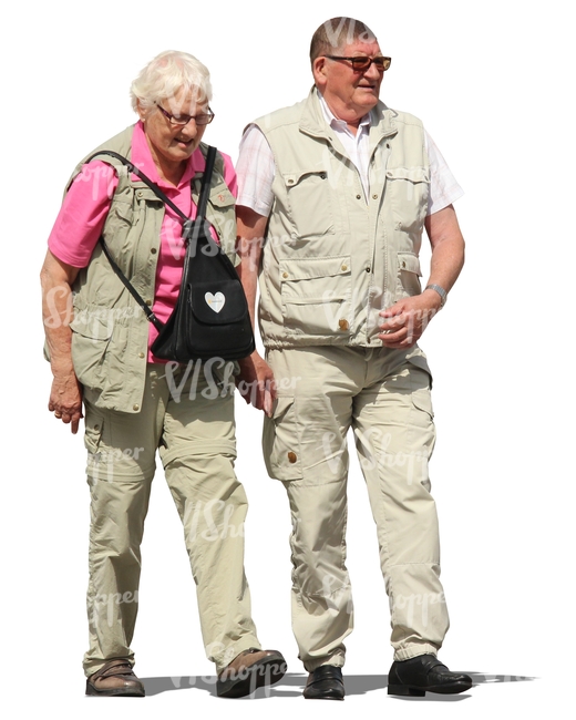 travelling elderly couple walking hand in hand