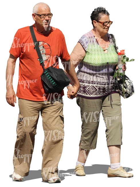 elderly couple walking hand in hand