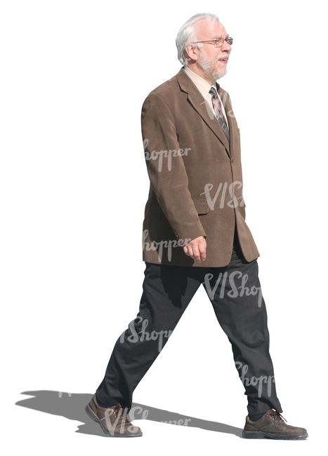 elderly man wearing suit and tie walking