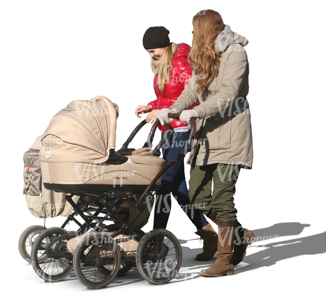 two women with baby carriages walking together