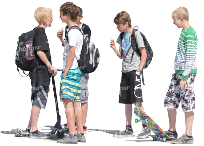 group of five boys with a scooter and skateboard