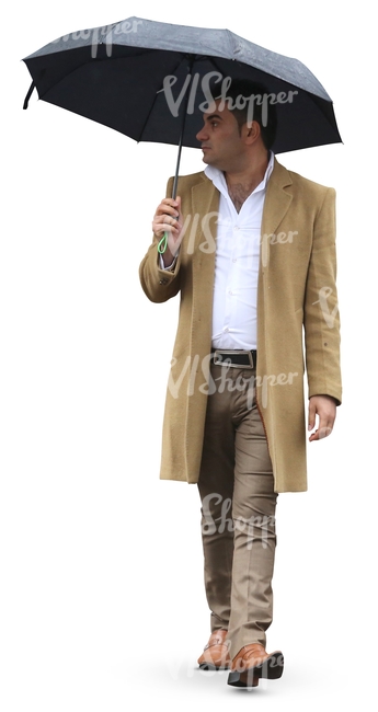 man in a formal beige coat walking under an umbrella