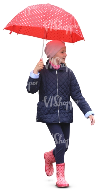 girl with pink wellies walking under a red dotted umbrella