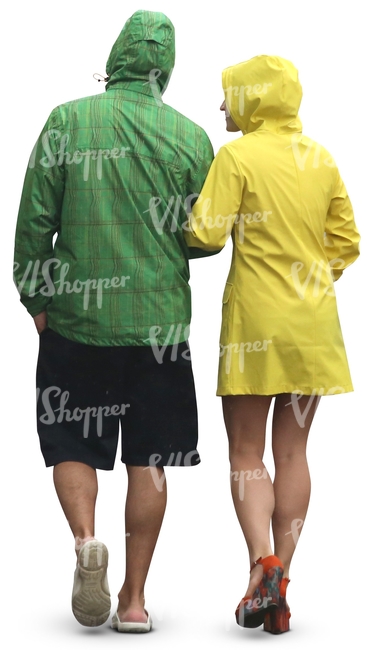 couple in colorul raincoats walking arm in arm