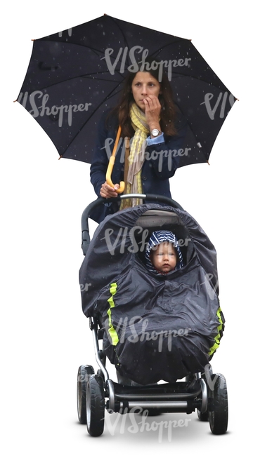woman with an umbrella and a baby carriage walking in the rain