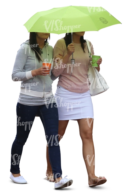 two women with an umbrella walking and drinking coffee