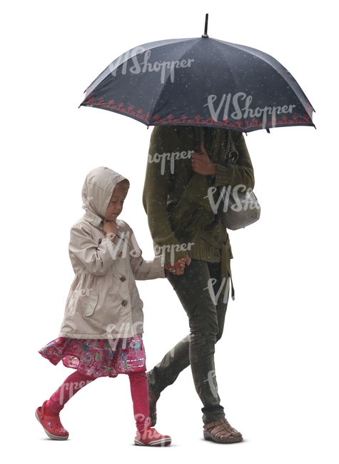 mother and daughter walking in the rain